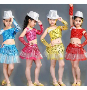 Yellow fuchsia hot pink red blue sequined girls kids children toddlers kindergarten modern dance jazz dance school play outfits costumes